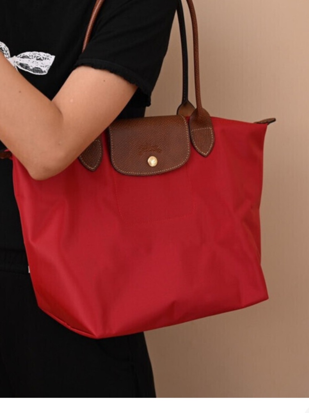 Longchamp Le Pliage Shopping Tote Foldable Red with Brown Leather New w/o tags
